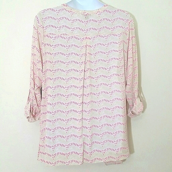 Top tunic White beige Pink Button Tab Roll Up Sleeve Stretchy Classy Lightweight - Picture 4 of 6